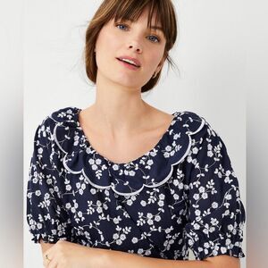Ann Taylor Petite Floral Ruffle Boatneck Blouse Size XS